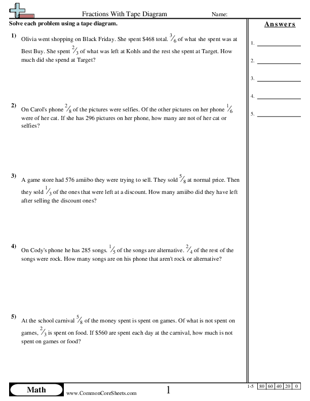 Fractions With Tape Diagram Worksheet - Fractions With Tape Diagram worksheet